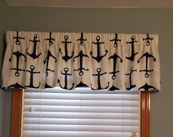 Nautical Anchor Window Valance Curtain Panel – Kitchen Beach House Decor, Cotton, Rod Pocket