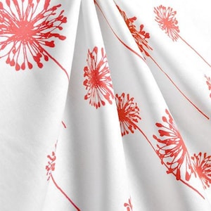 CORAL DANDELION CURTAINS-  Window Treatment- Designer Panels - Shower Curtain, Valance, Pillow cover - Unlined, Coral dandelions on white
