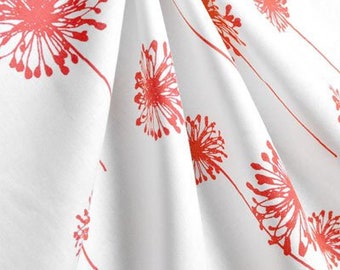 CORAL DANDELION CURTAINS-  Window Treatment- Designer Panels - Shower Curtain, Valance, Pillow cover - Unlined, Coral dandelions on white