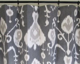 PLATINUM GREY IKAT Curtains- Designer Window Panels - Shower Curtain, Valance - Unlined, Curtains,  dark grey, ivory and  light grey ikat