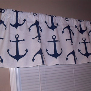 ANCHOR VALANCE, Colors, Or PANEL, Window Curtain - 50&quot;W,  Unlined aqua blue or navy and white Anchors,  nautical beach cottage