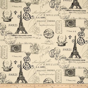 May include: A beige fabric with a black and white repeating pattern of the Eiffel Tower, Parisian stamps, and script. The text includes "1ere Partie. N° 6", "2 AOUT 173", "A.-E. HAMEL", "PROVOT FRÈRES", "COMPAGNIE D'ASSURANCES CONTRE", "GARRET", "PARIS", and "VII".
