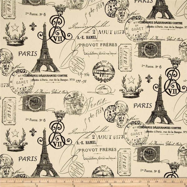 Black Ivory PARIS FRENCH CURTAINS  - Designer Window Panels - Valance - Shower Curtain- Unlined, black and ivory  french paris stamp fabric