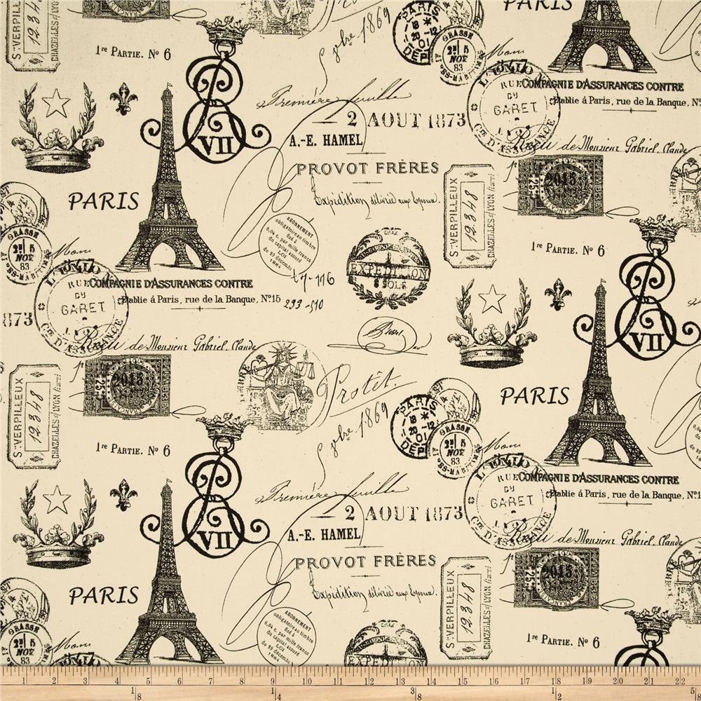 Paris French Script Curtains - Designer Window Panels Valance Shower Curtain- Unlined, Eiffel Tower, Paris Stamp Fabric