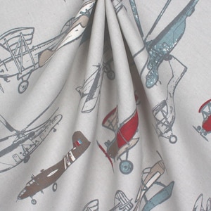 VINTAGE AIRPLANE CURTAINS-  Designer,  Window Panels - Shower Curtain, Valance - Unlined, Red, blue, brown on taupe