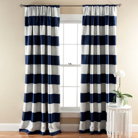 Blue Striped Panel Pair Valance Shower Curtain Navy Blue Etsy