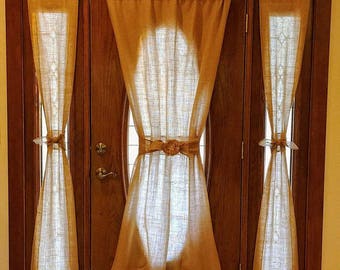 BURLAP DOOR CURTAIN, or Sidelight Panel, Colors, Custom, French Door,  Half-Door, Foyer, Semi-sheer, Unlined, Free cinch Band