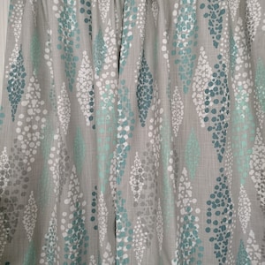 TEAL AND AQUA, Designer Window Panels, Shower Curtains, Valances, Unlined, pillow cover, table runner, Aqua contemporary, grey background