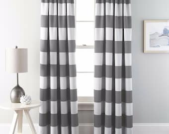 GREY STRIPED PANEL -Pair -Valance, Shower Curtain, Gray stripe curtain,  Pair 50"w Unlined,  Cotton, 6" grey stripes", nautical
