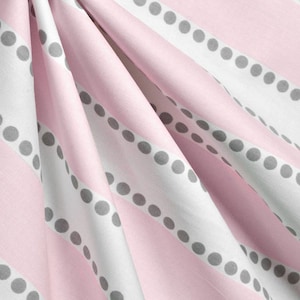 PINK WHITE STRIPE with Grey dots Curtains- Designer Window Panels - Shower Curtain, Valance - Pink, White, Grey dots