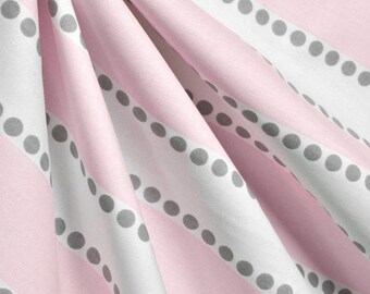 PINK WHITE STRIPE with Grey dots Curtains- Designer Window Panels - Shower Curtain, Valance - Pink, White, Grey dots