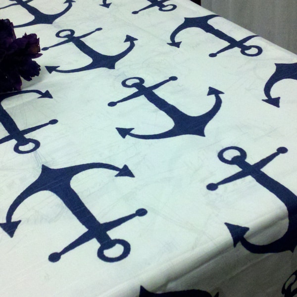 ANCHOR TABLECLOTH LINENS- navy,  aqua,  fuchsia on white,  nautical tablecloth, beach decor, choose color and size