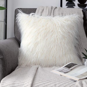 MONGOLIAN FAUX FuR PILLOW Cover, or Filled, Colors, Fluffy Pillow Case, Square or Lumbar Pillow, Dusty Pink, White, Black, Grey, Beige, Blue