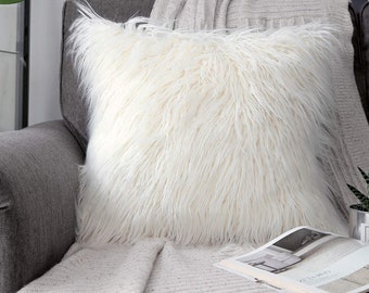 MONGOLIAN FAUX Fur PILLOW Covers or Filled Colors Fluffy Pillow Case Lumbar Pillow Dusty Pink White Black Grey Beige Off white Etsy