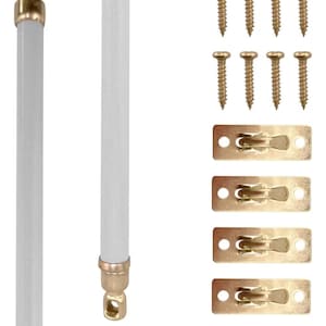 May include: Two white cylindrical rods with metallic gold-toned end caps featuring eyelets. The set includes eight gold-toned screws and four rectangular gold-toned mounting plates, each equipped with a central spring-loaded hook mechanism.