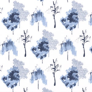 BLUE INDIGO TREE Curtains- Designer Window Panels - Shower Curtain, Valance - Unlined, Curtains, blue abstract trees on white