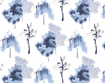 BLUE INDIGO TREE Curtains- Designer Window Panels - Shower Curtain, Valance - Unlined, Curtains, blue abstract trees on white