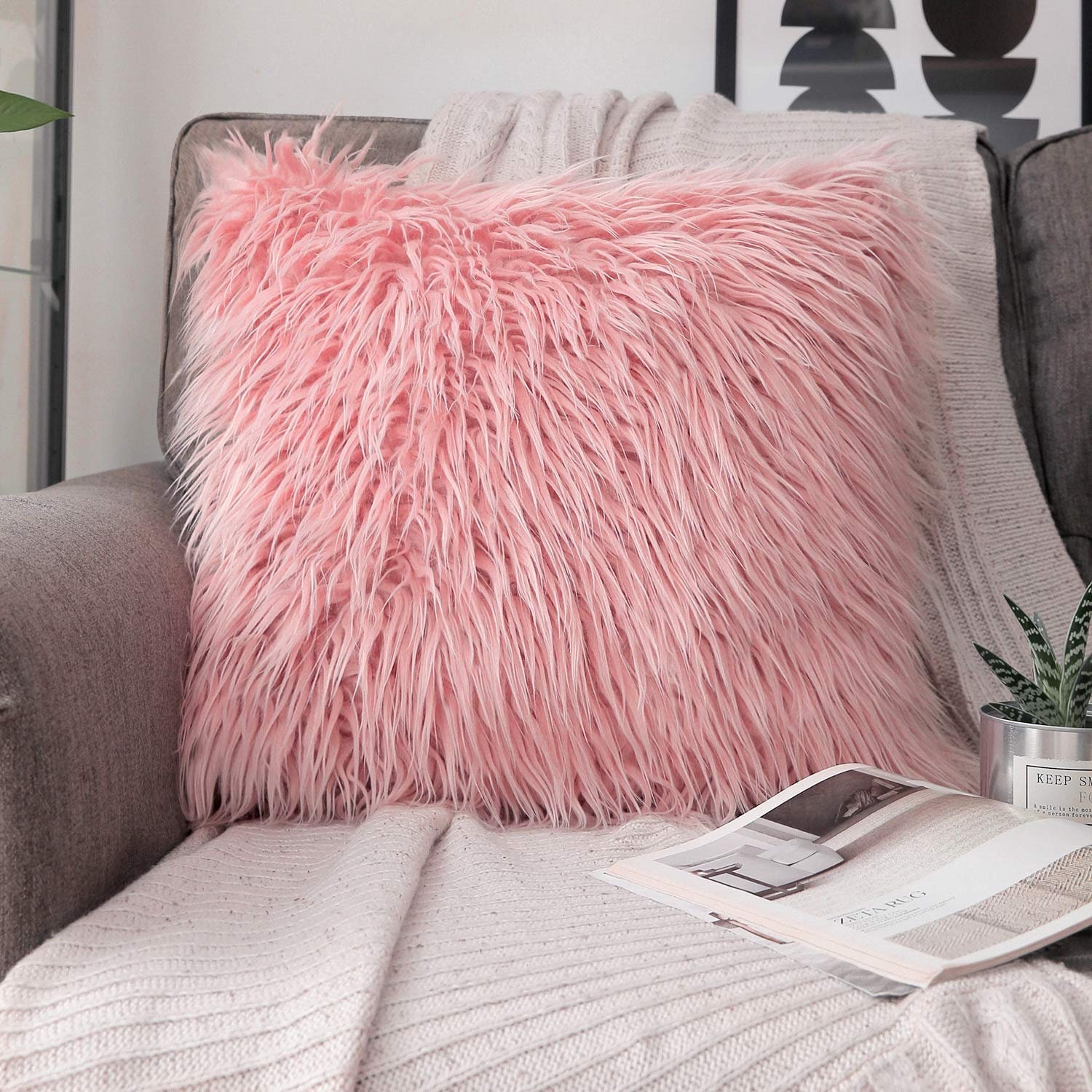 MONGOLIAN FAUX Fur PILLOW Covers, or Filled, Colors, Fluffy Pillow Case,  Lumbar Pillow, Dusty Pink, White, Black, Grey, Beige, Off-white 