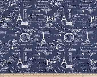 Indigo Blue PARIS FRENCH CURTAINS  - Designer Window Panels - Valance - Shower Curtain- Unlined, white on blue, bicycles, eiffel tower