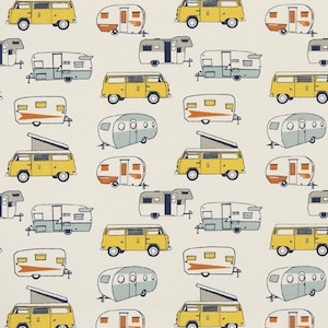RETRO CAMPER Curtains- Designer Window Panels - Shower  Valance - Unlined, Curtains, Blue, Chartreuse, HOmes, Offices, R-Pods, RVs