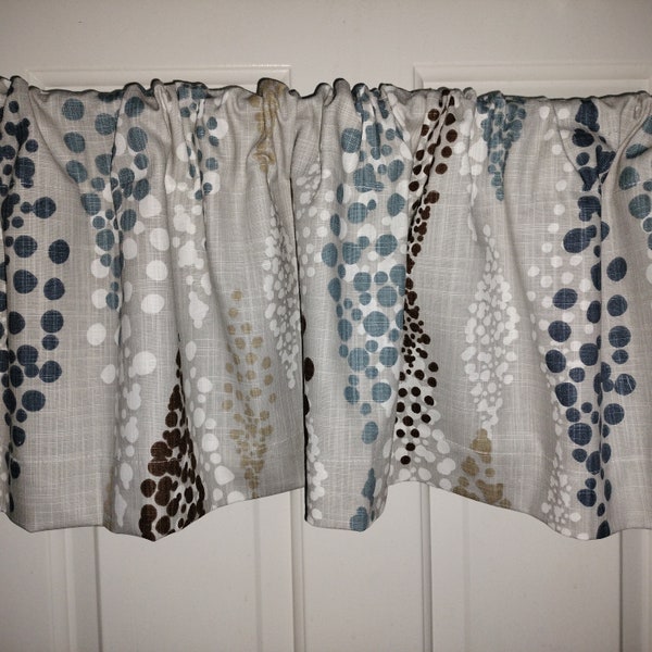 BLUE, TAN, BROWN Designer Window Panels, Shower Curtains, Valances, Unlined, pillow cover, runner,  blue and brown, beige, white on grey