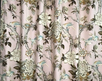 BIRDS on BLUSH CURTAINS-   Designer Window Panels - Shower Curtain, Valance, Pillow cover - Birds, spa, peach, natural, tan, olive on blush