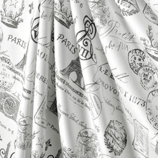 Charcoal Grey PARIS FRENCH CURTAINS  - Designer Window Panels - Valance - Shower Curtain- Unlined, grey /off-white french paris stamp fabric