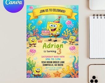 SpongeBob Birthday Invitation, Editable Canva Template (Digital Download)