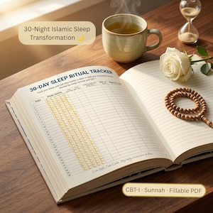 May include: An open 30-Day Sleep Ritual Tracker journal with a table for tracking sleep quality and habits. The page features the text 30-Day Sleep Ritual Tracker and I am Safe, I am Calm, My body knows how to Rest. Includes a white rose and prayer beads.