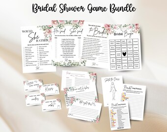 May include: A set of bridal shower game printables. The bundle includes games such as "Would She Rather," "He Said She Said," and "Bridal Bingo." Floral accents and decorative fonts enhance the design. The text "Bridal Shower Game Bundle" is at the top.
