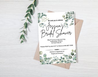 Plantilla de invitación para despedida de soltera con eucalipto / Invitación editable con vegetación / Personalizable en Canva / Descarga instantánea