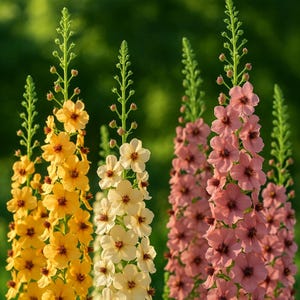 Könnte beinhalten: Nahaufnahme mehrerer hoher, schlanker Blütenstiele mit dicht gepackten Blüten. Die Blüten zeigen eine Farbpalette von Gelb, Creme und Rosa mit dunklen Zentren. Der Hintergrund ist ein weiches, verschwommenes Grün.