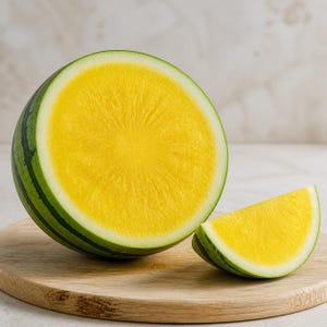 May include: A halved yellow watermelon with a vibrant golden interior and a thick green rind with dark green stripes, accompanied by a single triangular slice of the same yellow watermelon, showcasing the bright fruit flesh and texture.