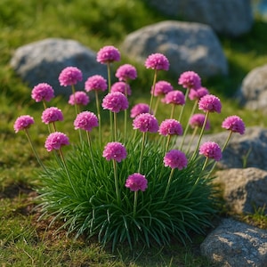 May include: A cluster of vibrant pink flowers with spherical blooms, set against a backdrop of green grass and large gray rocks. The flowers have long, slender green stems and are in full bloom, creating a natural, colorful scene.