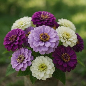 Pode incluir: Um buquê de flores de zínia coloridas em tons de roxo, lavanda e creme. As flores têm múltiplas camadas de pétalas e centros amarelos. Folhas verdes são visíveis na base, com um fundo verde desfocado.
