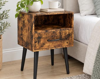 Rustic Brown Nightstands Set of 2, Drawer and Open Shelf, Black Legs