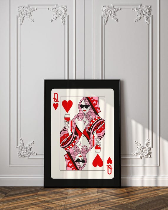 Playing Card Poster, Trendy Retro print, Queen of hearts playing card funky wall art, Bedroom wall decor, Aesthetic maximalist wall art