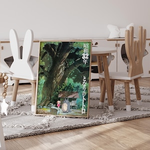 Pu&ograve; includere: Un poster incorniciato con una scena del film d'animazione "Il mio vicino Totoro". L'opera raffigura un grande albero, una ragazza e Totoro. Il poster &egrave; esposto su un tappeto vicino a un tavolo e sedie bianche.