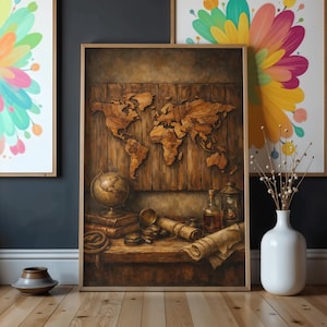May include: A framed artwork showing a wooden world map on a wooden plank backdrop. A globe, books, a compass, a rolled map, and a bottle are on a wooden shelf. A white vase with decorative stems is on the right.