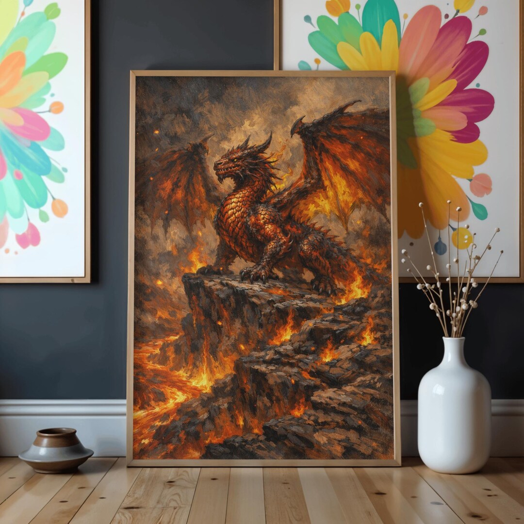Fire Fantasy Dragon Wall Art, Poster Printable, Lava Landscape Print ...