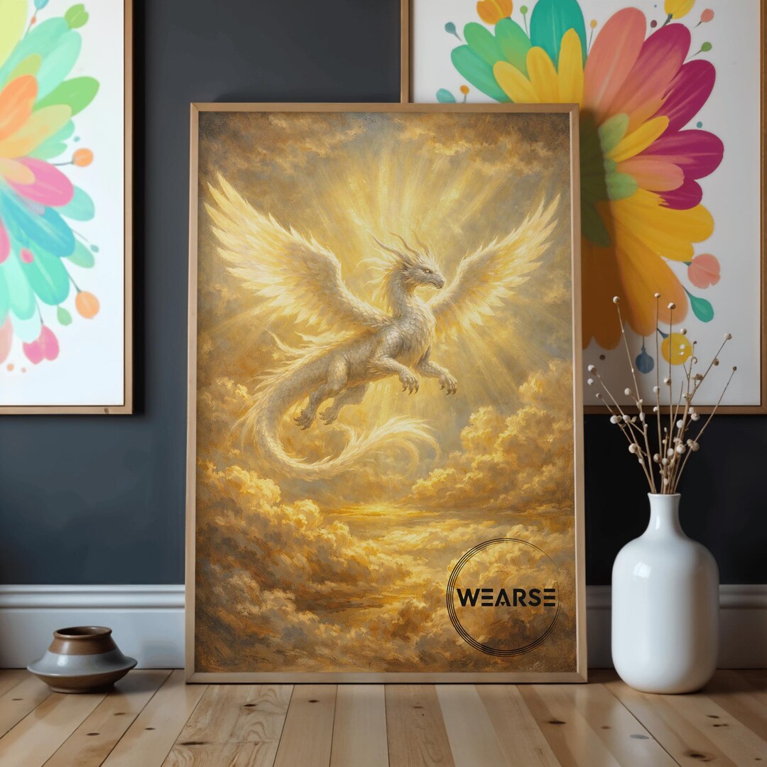 Light Fantasy Sky Dragon Art Print, Mythical Landscape Wall Decor ...