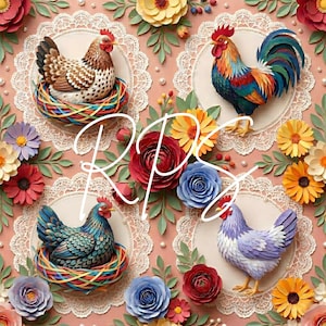 Floral Chicken Pattern – Colorful Hen and Rooster Seamless Design, Cute Animal Digital Paper for Kids Decor Fabric, Digital Paper Jpeg file