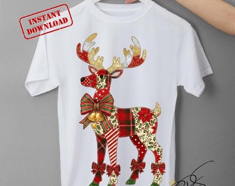 Reno navideño de patchwork PNG, diseño de Papá Noel femenino (descarga digital)