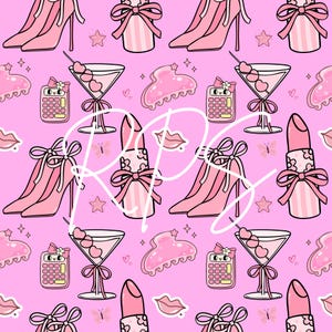 May include: A repeating pattern of pink high-heeled shoes, lipstick, perfume bottles, martini glasses, hair clips, calculators, lips, stars, and butterflies on a pink background. The design has a girly, feminine theme.
