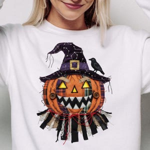 May include: White sweatshirt with a Halloween pumpkin design. The pumpkin wears a witch's hat with a constellation pattern, and has a black crow perched on top. The design uses orange, purple, black, and brown, with button and fabric details.