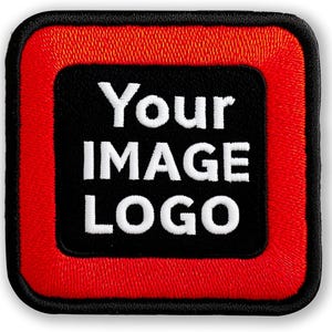 May include: Square embroidered patch with a black center and a red border. The patch features the text "Your IMAGE LOGO" in white, block letters. The patch has a black border.
