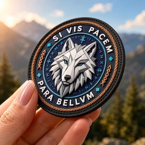 Op de afbeelding: Een ronde patch met een gestileerde witte wolvenkop met blauwe ogen in het midden. De donkerblauwe achtergrond bevat de Latijnse tekst SI VIS PACEM PARA BELLVM, geometrische symbolen en een gevlochten bruine rand op een zwart frame.
