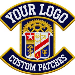 May include: Embroidered patch with a navy blue background and gold trim. The patch features the text "YOUR LOGO" and "CUSTOM PATCHES" in white. A central crest design includes a gold gear, a white star, and red and blue stripes.