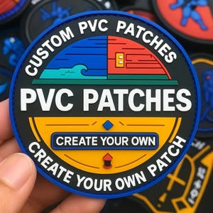 May include: A circular PVC patch featuring a blue border and black background. The design includes a blue wave, a red building, and yellow sections with the text CUSTOM PVC PATCHES, PVC PATCHES, and CREATE YOUR OWN printed in white lettering.