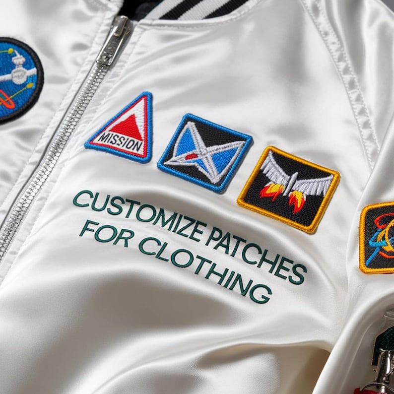 May include: White satin bomber jacket with embroidered patches. Patches include a red and white triangle with "MISSION" text, a blue and white design, and a rocket ship. The text "CUSTOMIZE PATCHES FOR CLOTHING" is embroidered in green.
